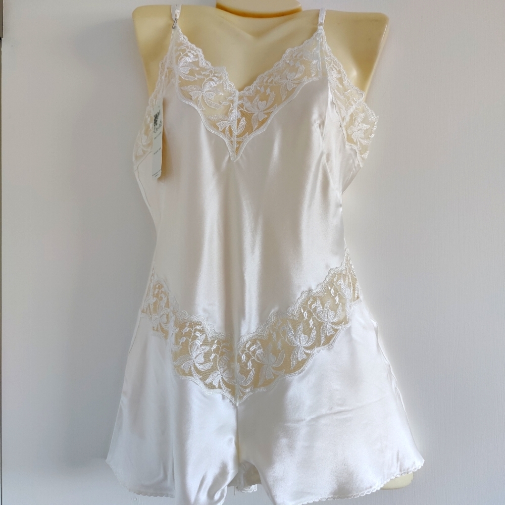 NWT Silk Lingerie Romper | Satin Bodysuit/Playsuit with Lace Midsection- White